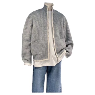 WEERE男士秋冬外套自制慵懒风撞色针织毛衣开衫男宽松高领针织衫