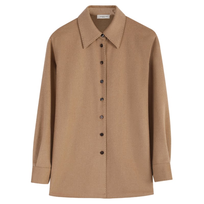 LAFAYETTE148/拉飞逸 宽松落肩袖骆驼绒廓形衬衫休闲风纽扣长袖