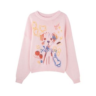 BJHG不计后果 慵懒风小狗涂鸦圆领针织毛衣女秋冬季俏皮宽松上衣