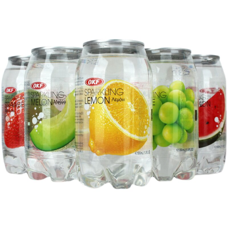 韩国OKF碳酸汽水透明罐装果味气泡水6*350ml西瓜柠檬蜜瓜葡萄草莓