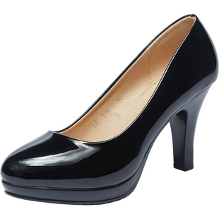 春气质黑色礼仪漆皮亮面高跟鞋女学生8cm圆头浅口皮鞋职业工作鞋