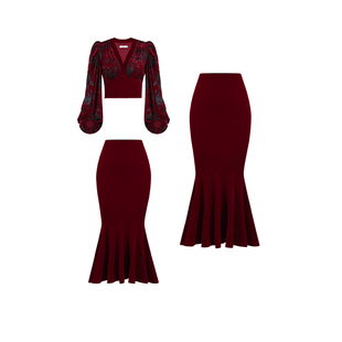 XULU原创气质丝绒拼接压花V领泡泡袖上衣修身性感包臀半身鱼尾裙