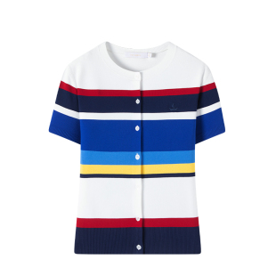 Navigare意大利小帆船圆领短袖针织开衫女夏季休闲条纹小衫外套