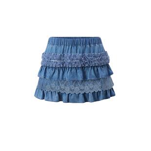 FIVE PLUS女夏装波嬉风半裙碎花花边复古莱赛尔牛仔短裙女装
