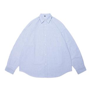 HMN Studio日系蓝条纹衬衫男春秋新款潮流校园风宽松休闲长袖衬衣