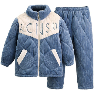 男童青少年睡衣冬加厚男生可外穿大童三层夹棉棉袄牛奶绒湖南省服