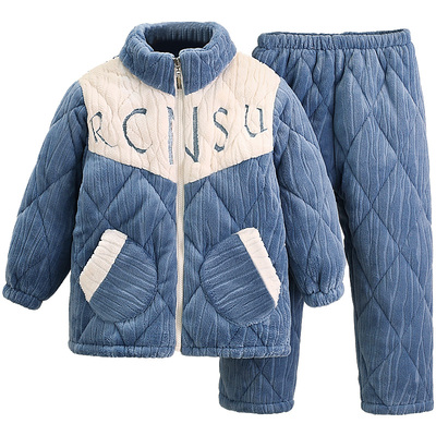 男童青少年睡衣冬加厚男生可外穿大童三层夹棉棉袄牛奶绒湖南省服