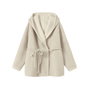 CROWNLESS未冕25秋冬新品双面撞色羊毛双面呢连帽落肩袖系带大衣