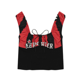 辣到中暑夏季美式复古辣妹性感撞色拼接一字肩绑带背心修身上衣