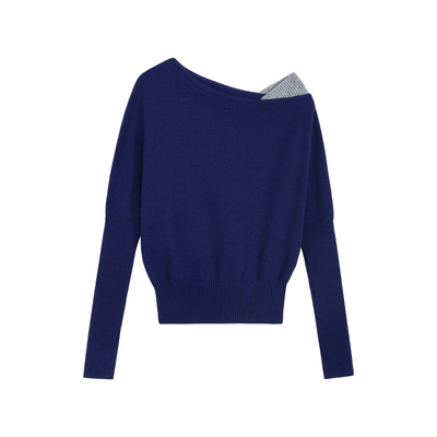 辰米范 秋日赴约 撞色斜肩拼接长袖毛衣针织衫女气质露肩慵懒上衣