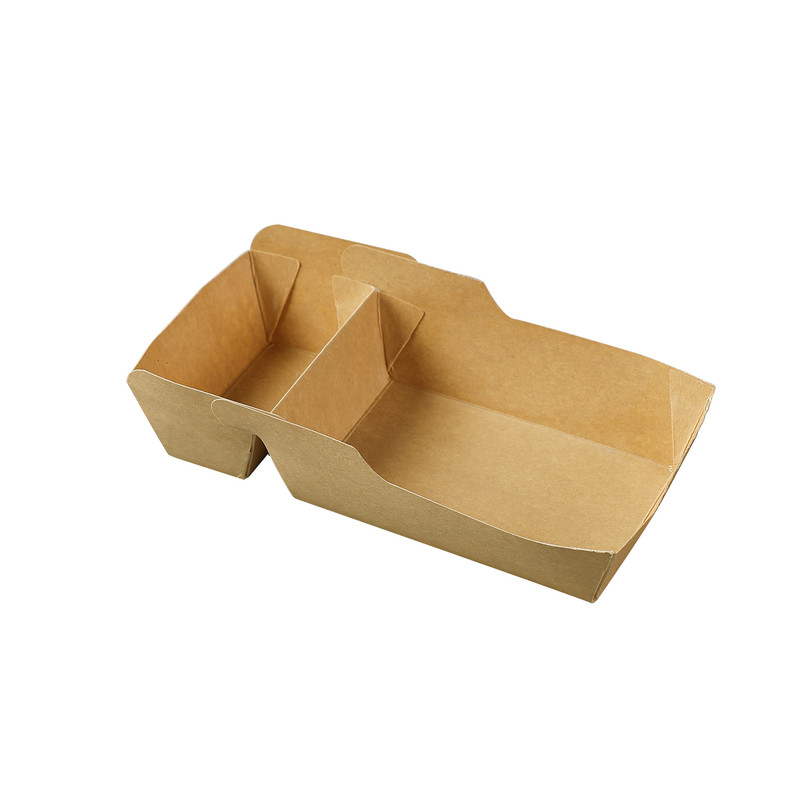 一次性两格牛皮纸小吃盒船盒苕皮纸碟长方形薯条炸鸡盘食品级纸盒