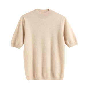 通勤风半高领小山羊绒衫女短袖针织衫粉色百搭显瘦毛衣百搭