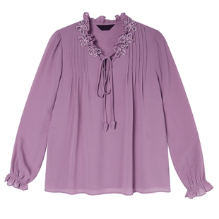 白鹿语法式温柔风木耳边立体花朵衬衫26春新款钉珠纯色雪纺衫衬衣