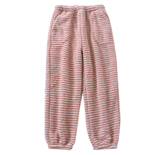 日系条纹珊瑚绒睡裤女士长裤可外穿宽松加绒加厚保暖法兰绒家居裤