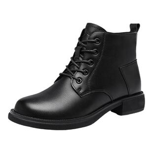 红蜻蜓宽头短靴高帮马丁靴女款2024新款秋冬季英伦风加绒皮鞋真皮