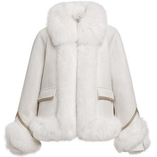 【会员专享】红袖2024冬新款女装插肩袖拼接狐狸毛领短皮草