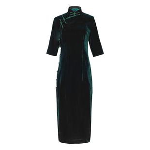 红妆* 三重门复古真丝绒中式修身旗袍长款七分袖日常优雅中国风女