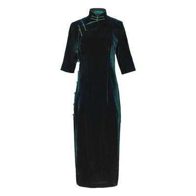 三重门复古日常长款修身旗袍中式