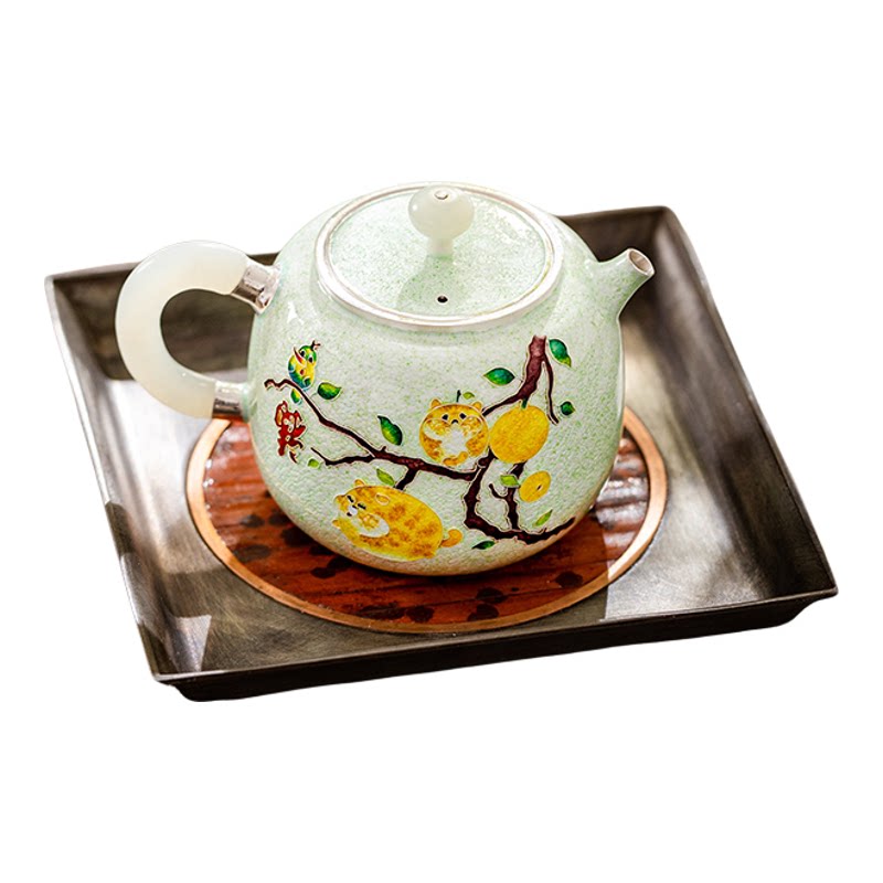 蜂鸟工坊 橘虎圆满七宝烧银壶999纯银泡茶壶纯手工家用银壶银茶具