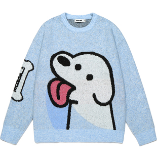 GUUKA&matsui联名小狗套头毛衣女冬季慵懒风圆领针织绵羊毛衫落肩