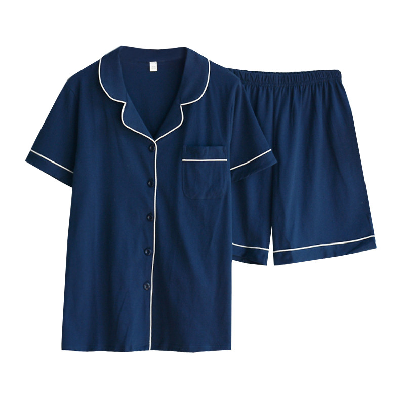 日系清新！情侣睡衣男女夏季纯棉针织宽松简约短袖短裤家居服套装