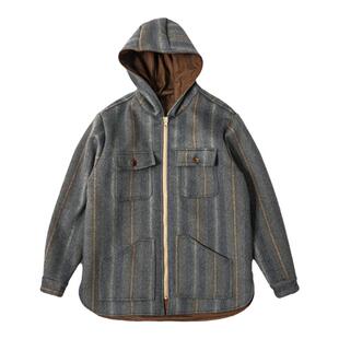 Burcs复古两面穿宽松连帽羊毛毛呢大衣 条纹 经典长官夹克