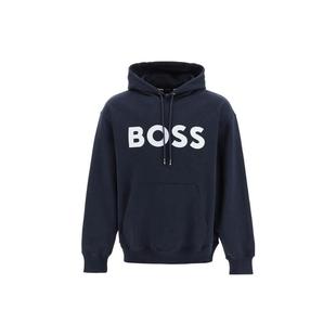 HUGO BOSS 字母印花连帽抽绳宽松长袖卫衣 男款 蓝色