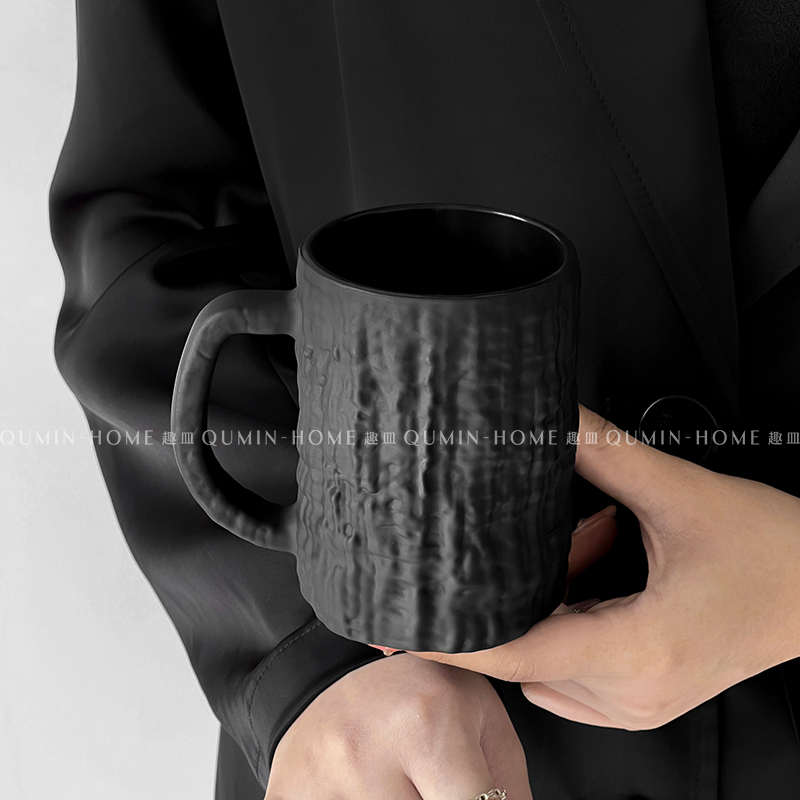趣皿 曜黑树纹杯带把手玻璃杯咖啡杯子高级感轻奢家用喝水杯收藏