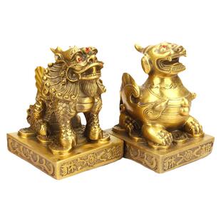 单角貔貅摆件纯铜金钱雌雄双角貔貅公母一对办公室招财聚财保平安