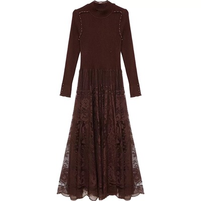 时尚拼接假两件蕾丝连衣裙秋冬