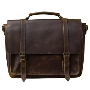 二十四街 新款复古男士疯马牛皮邮差包真皮15.6寸手提电脑公务包