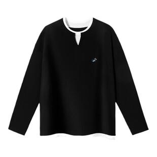 PSO Brand男装女装假两件撞色刺绣白色打底女内搭宽松长袖T恤上衣