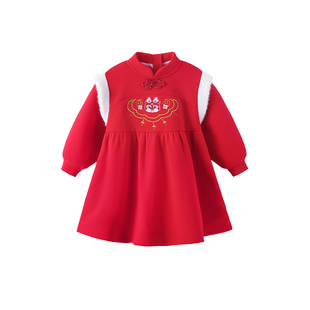 女童裙子冬季新年红色宝宝连衣裙拜年服婴儿衣服小童童装儿童冬装