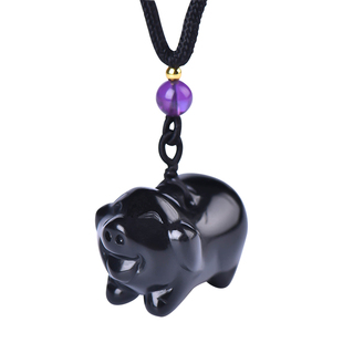 天然水晶黑曜石猪吊坠十二生肖黑色小猪挂件黑耀石玉石项链男女款
