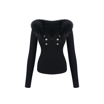 INNERFLOW黑色高级感环保毛毛长袖打底衫T恤修身显瘦V领内搭上衣