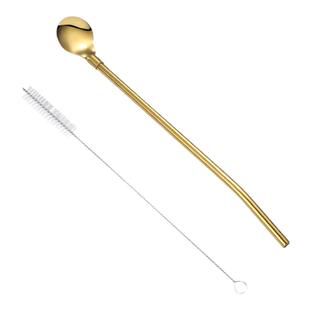 不锈钢吸管304环保非一次性一体两用儿童杯长勺子可爱铁弯头网红