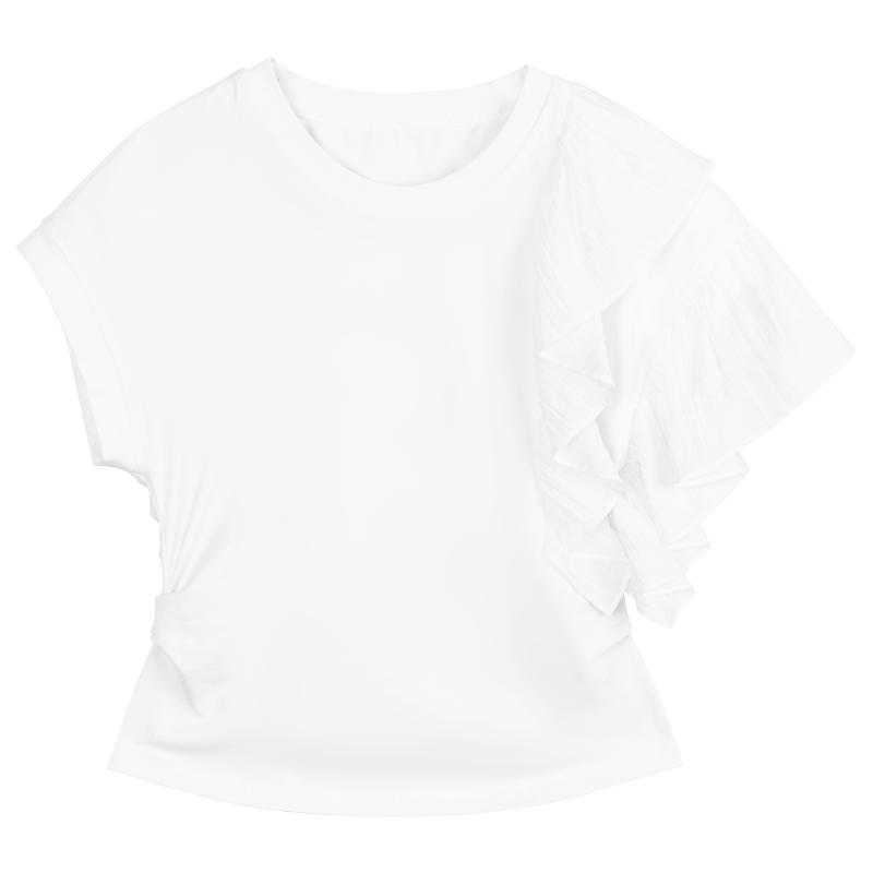 KEIKO不对称荷叶袖拼接白色t恤女25夏季小众设计棉质圆领短袖上衣