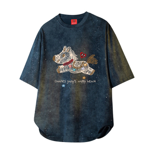 查尔斯桃心扎染满天星短袖T恤纯棉百搭圆领小马印花宽松情侣上衣