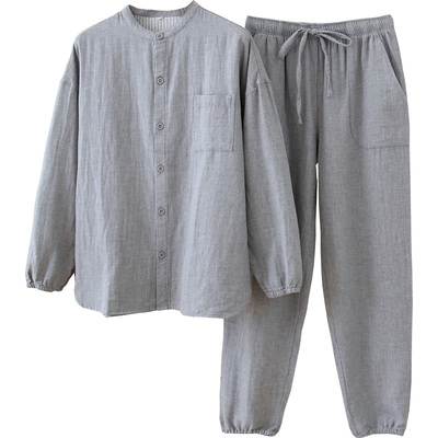 男士水洗棉纱布柔软透气长袖睡衣