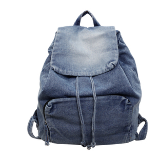 复古牛仔布双肩包女大容量休闲百搭学生书包抽绳翻盖扎染旅行背包