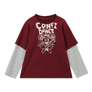 布丁哈鲁春装女童童百搭上衣2026春季新款儿童假两件拼接卡通T恤