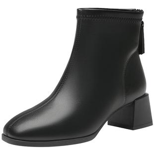 大东时装靴女鞋2025冬季新款时尚优雅粗跟中跟后拉链方头D0006