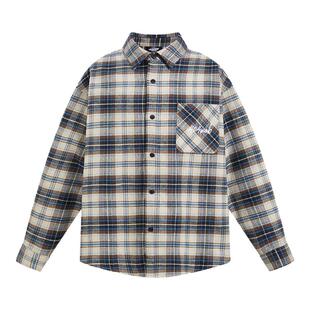 404MOB潮流刺绣磨毛翻领格子长袖衬衫男美式复古春秋百搭上衣外套