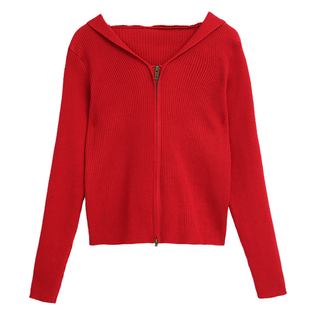 连帽针织开衫女薄款秋季新款女装拉链上衣带帽小个子短款毛衣外套