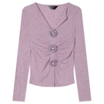 白鹿语温柔立体花朵V领长袖T恤26春款设计感小众修身显瘦上衣