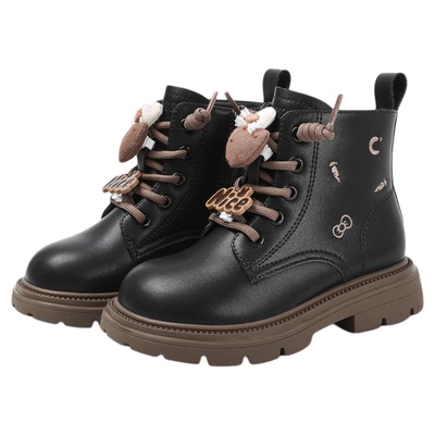 千百度童鞋2025冬季新款男童防滑黑色靴子女童简约百搭软底马丁靴