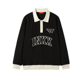 INXX复古校园风polo领卫衣男字母刺绣宽松休闲套头衫上衣女