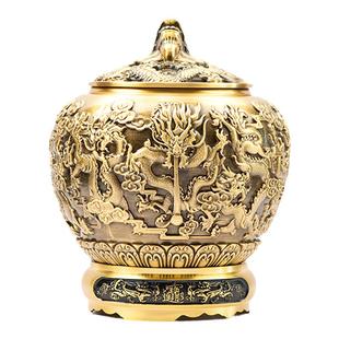 小铜记纯铜九龙茶叶罐大号茶罐黄铜茶仓储物罐纯铜密封罐带盖坛子