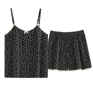 吊带短裤睡衣女夏款纯棉薄款高级感黑色性感睡裙碎花家居服两件套