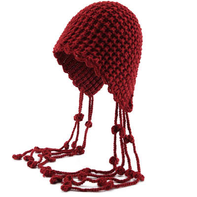 日系网红流苏红色毛线帽子女秋冬韩版甜美可爱护耳保暖包头针织帽